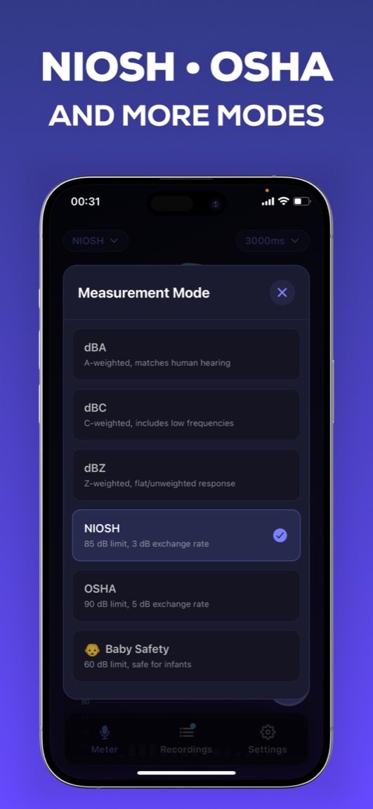 Decibel Meter iOS app showing time response settings